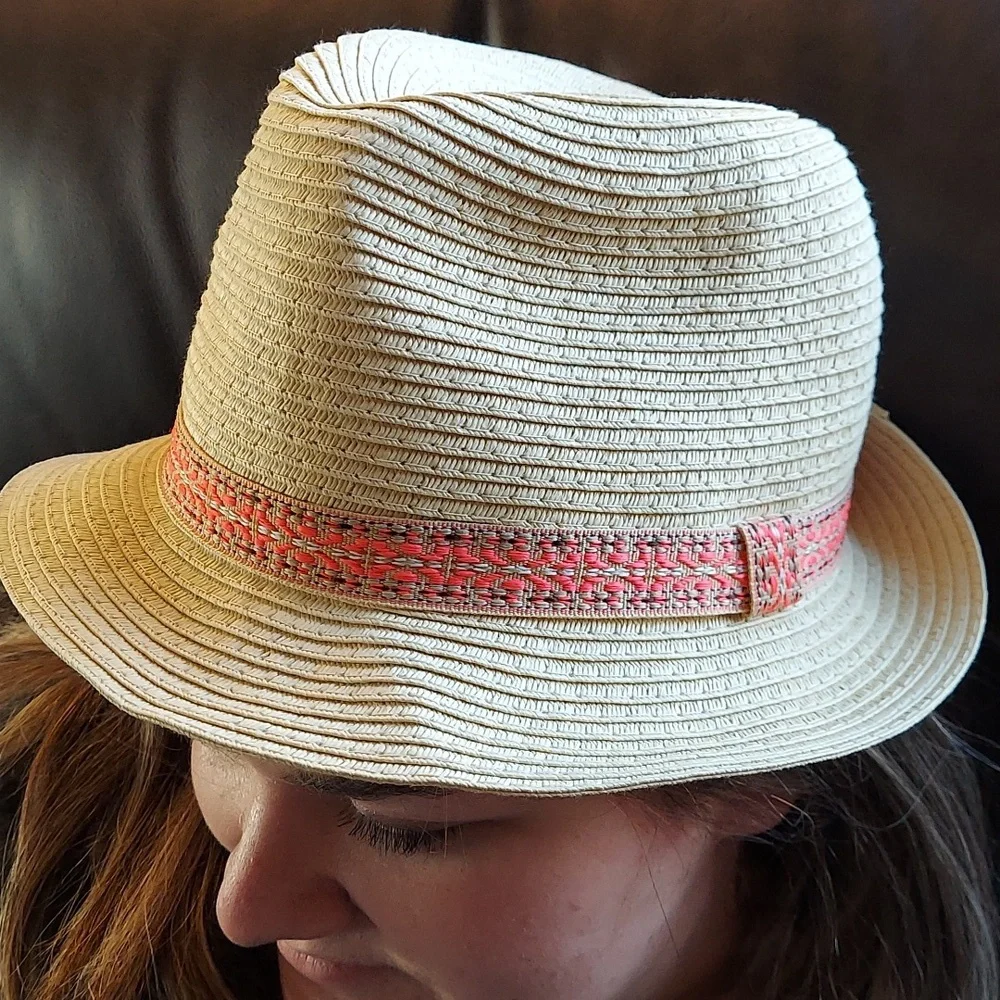 * Fedora Women's Summer Straw Hat Tan with Coral Multi Band, Like New